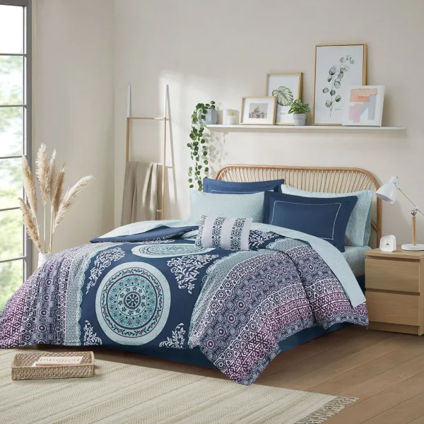 Queen Boho Comforter Set with Bed Sheets (Navy + Polyester + Queen)