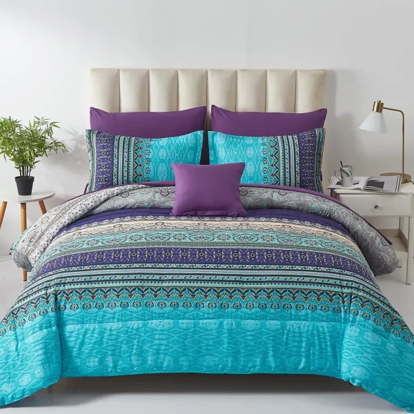 Queen Size 8-Piece Bohemian Striped Bedding Set, Soft Microfiber