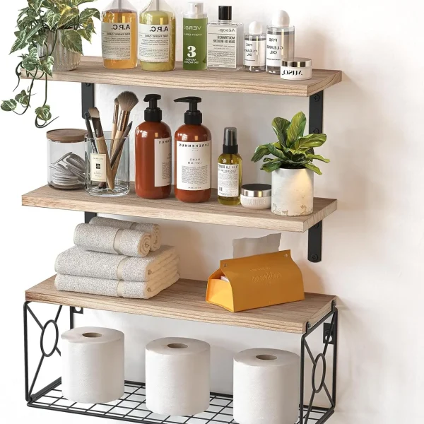 Over Toilet Floating Shelves with Storage Basket