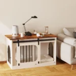 Wood-topped pet crate side table by sofa