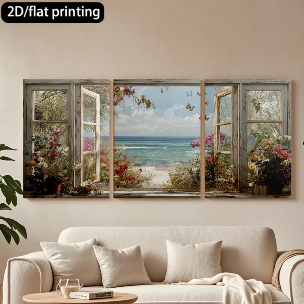 2D flat printing  3pc wooden frame canvas: open window, seaside, flowers, butterflies.