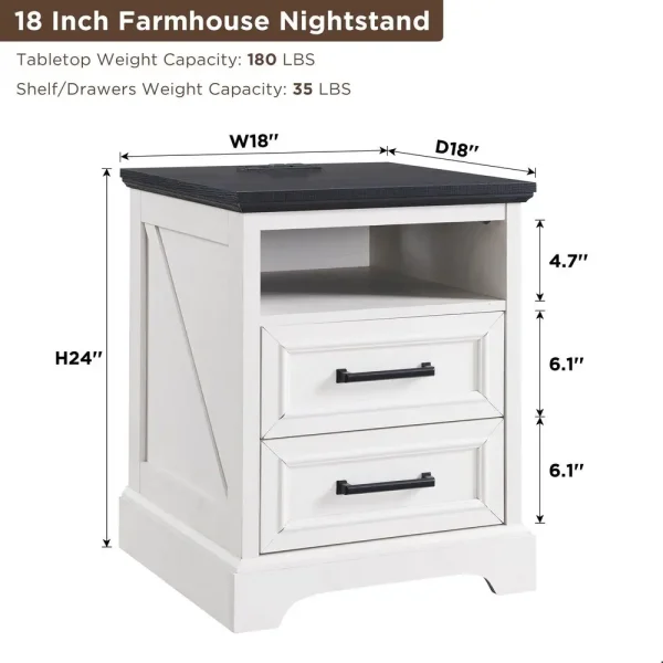 18 Farmhouse Nightstand Set of 2 with Charging Station