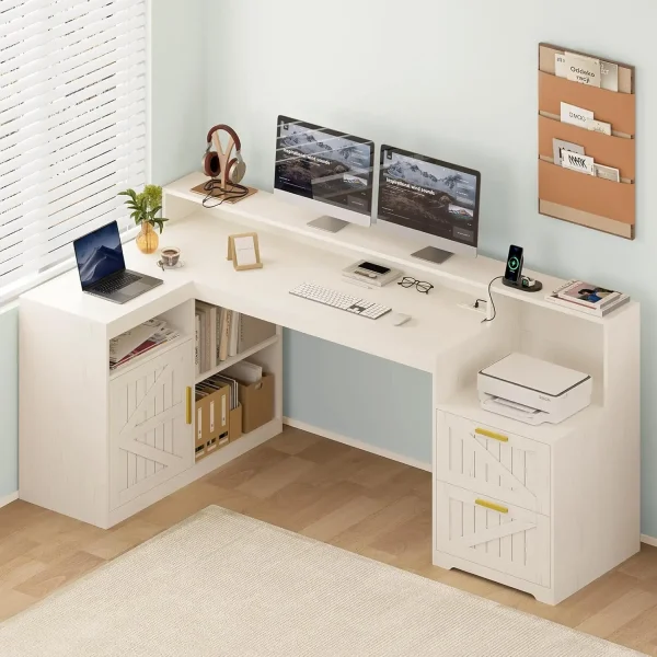 Farmhouse L Shaped Desk with Drawers, 62.2" Home Office