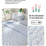 Blue floral bedding set in bright bedroom