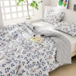 Floral rabbit print bedding with gray blanket