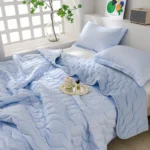 Light blue quilted bedding with pillows