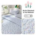 Blue floral bedding set on neatly made bed