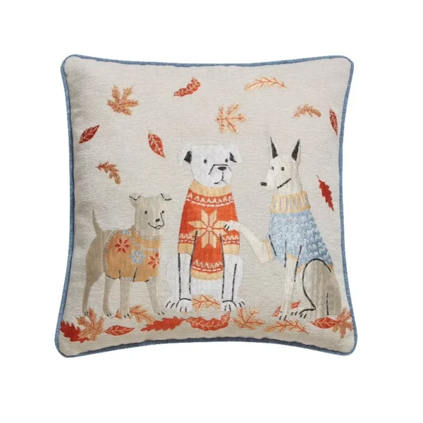 18" x 18" Multicolor Dogs and Leaves Chenille Decorative Pillow