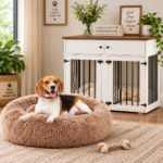 Beagle relaxing in a plush dog bed.