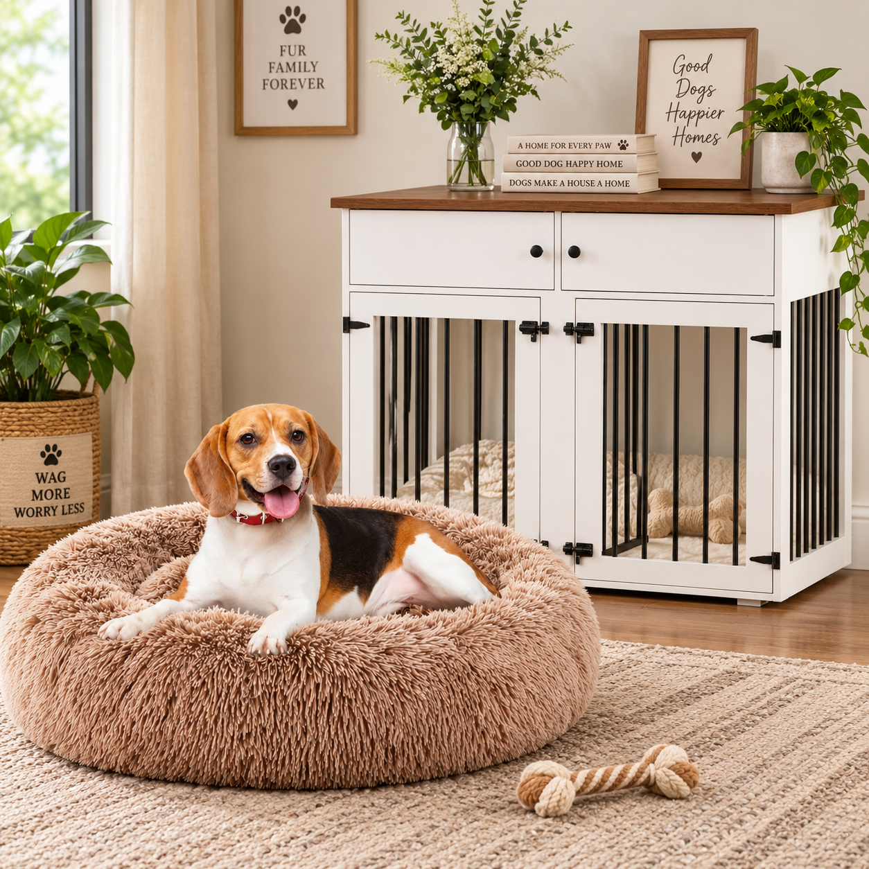 Beagle relaxing in a plush dog bed.