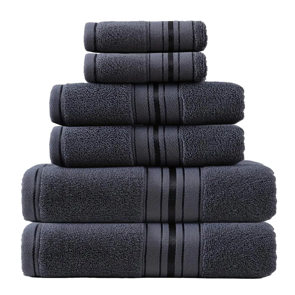 Stack of dark gray towels with striped accents.
